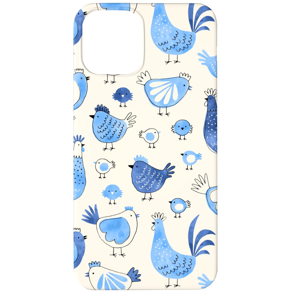 Chicken and Rooster - Watercolor - Blue on Creme Phone Case, Slim Case, Matte, iPhone 12, Blue, True Blue