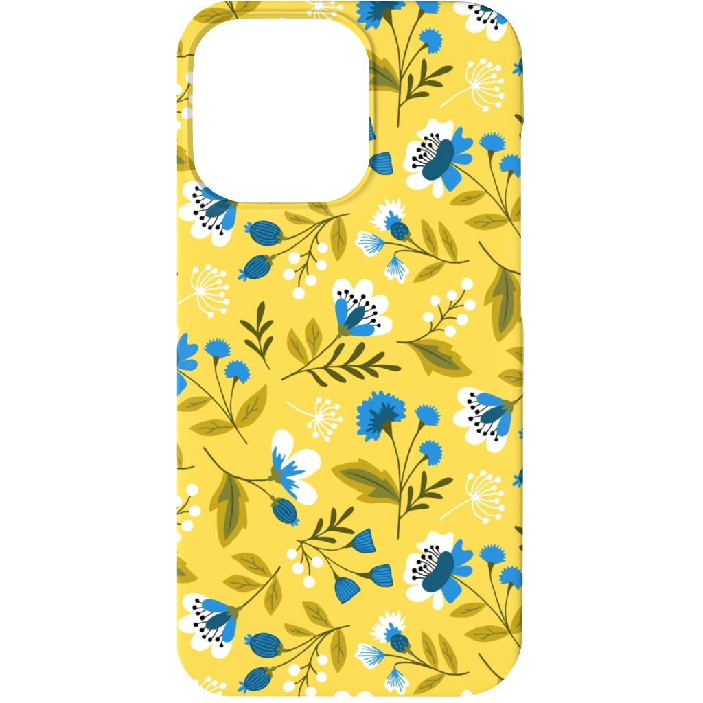 Colorful Spring Flowers - Blue on Yellow Phone Case, Slim Case, Matte, iPhone 13 Mini, Yellow