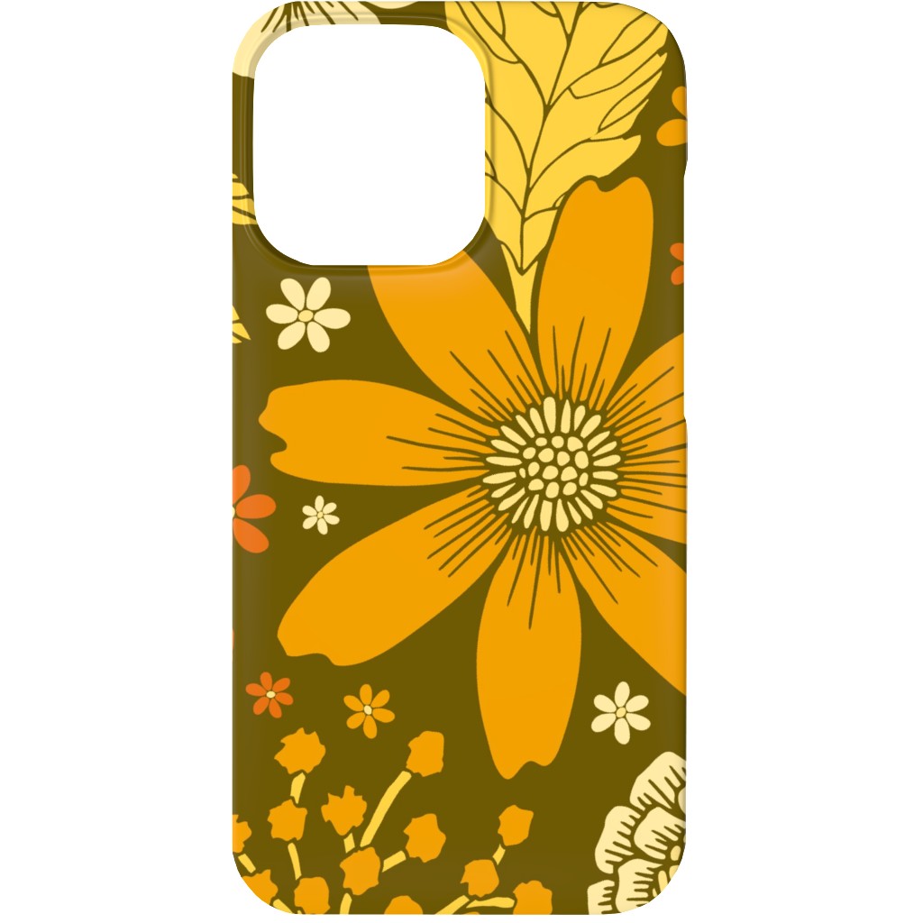 1970s Retro Flowers - Yellow, Orange & Olive Green Phone Case, Slim Case, Matte, iPhone 13 Mini, Orange
