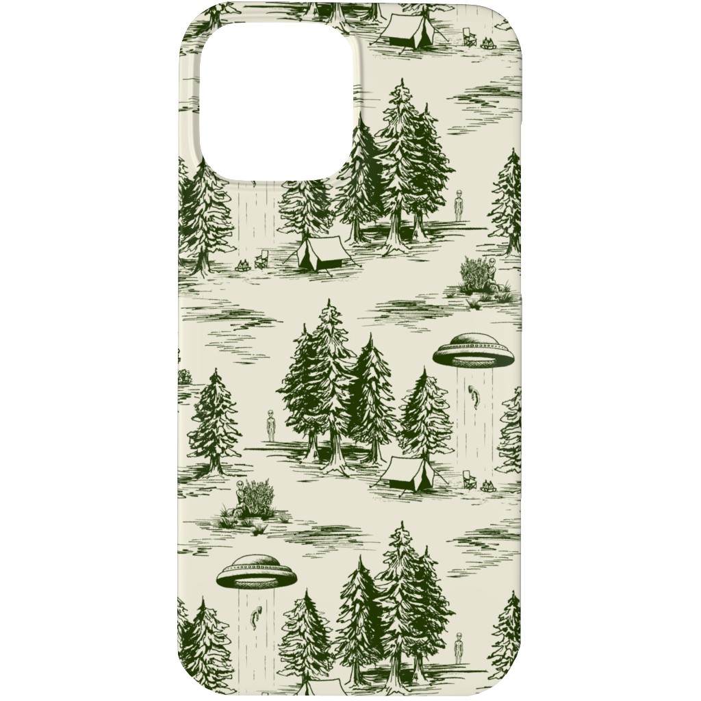 Alien Abduction Toile De Jouy - Forest Green & Cream Phone Case, Silicone Liner Case, Matte, iPhone 13 Pro Max, Green