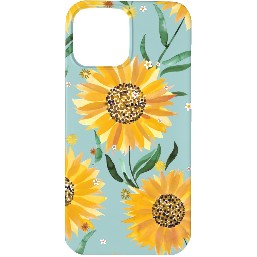 Watercolor Sunflowers - Yellow on Blue Phone Case, Silicone Liner Case, Matte, iPhone 13 Pro, Yellow, Classic Yellow