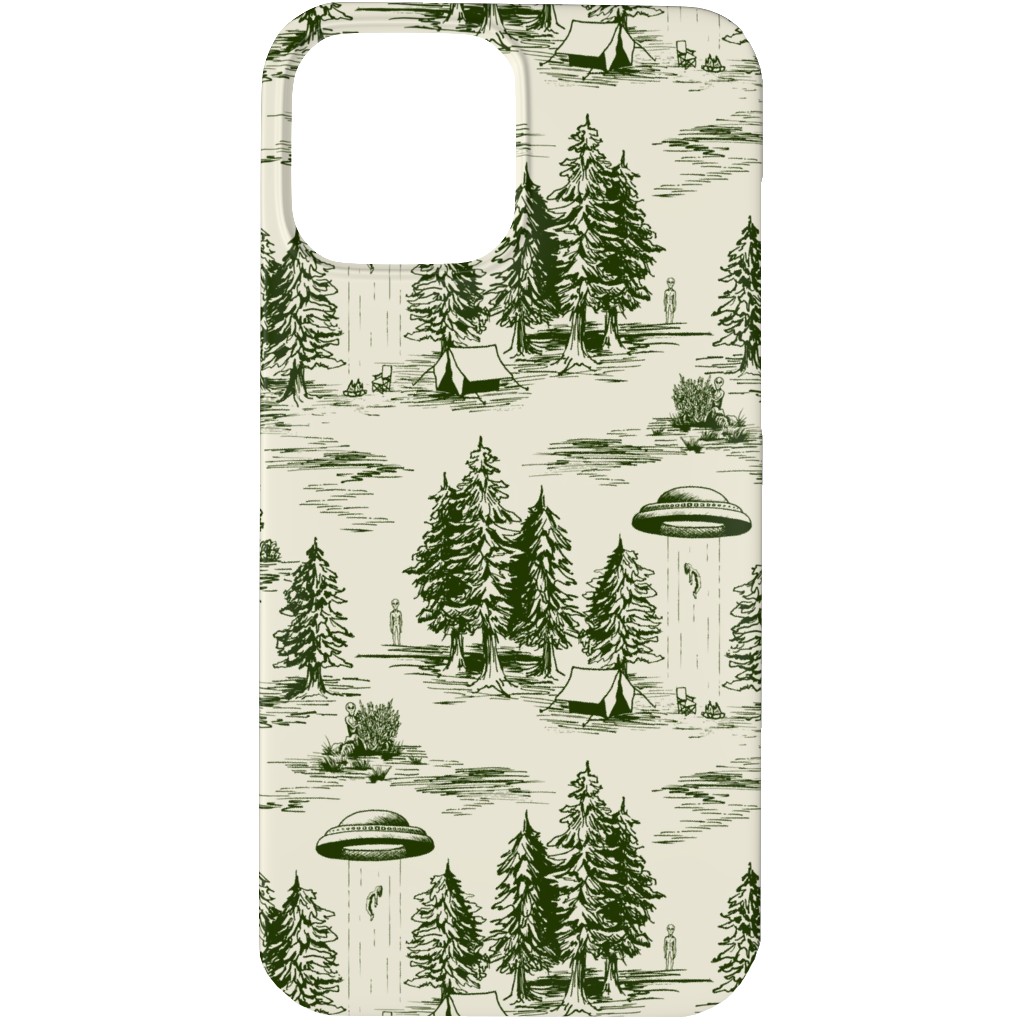 Alien Abduction Toile De Jouy - Forest Green & Cream Phone Case, Silicone Liner Case, Matte, iPhone 13 Pro, Green