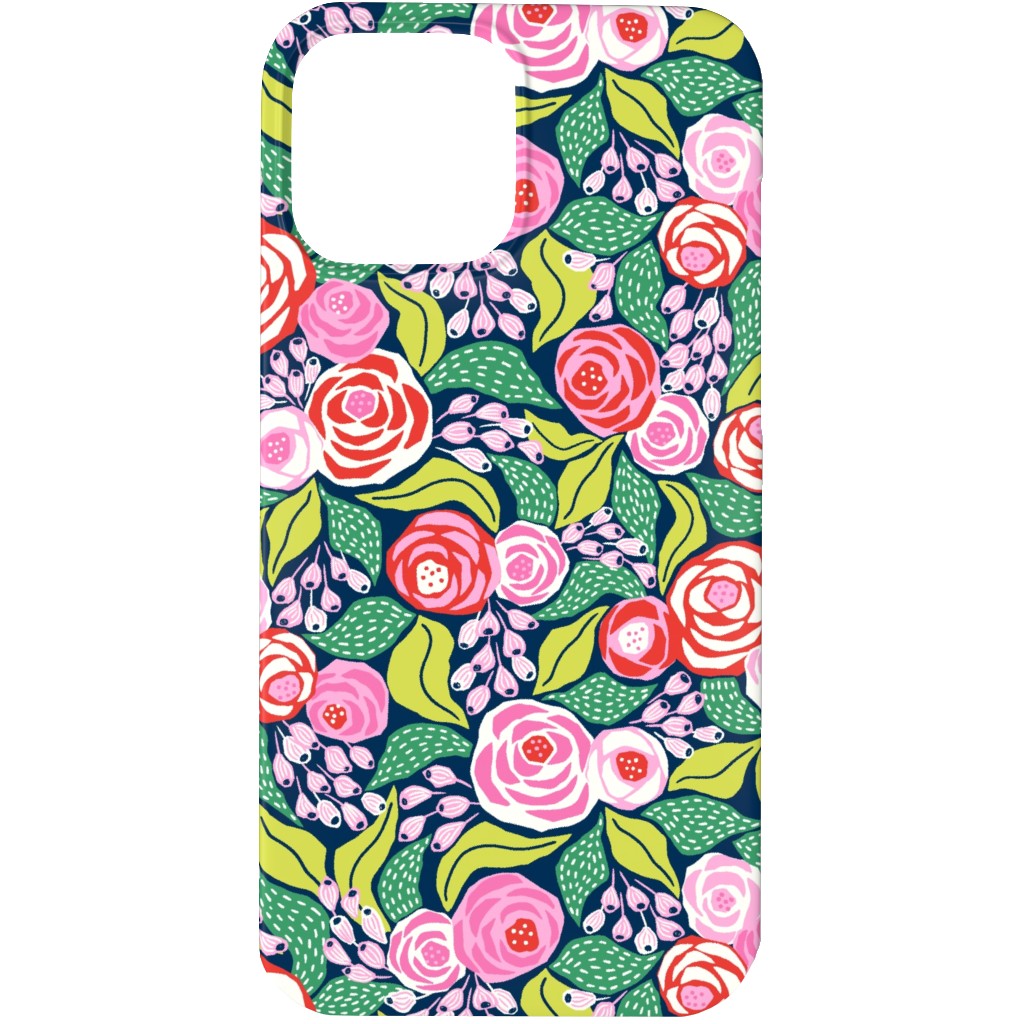 Colourful Papercut Roses - Pink on Dark Blue Phone Case, Slim Case, Matte, iPhone 13 Pro, Pink