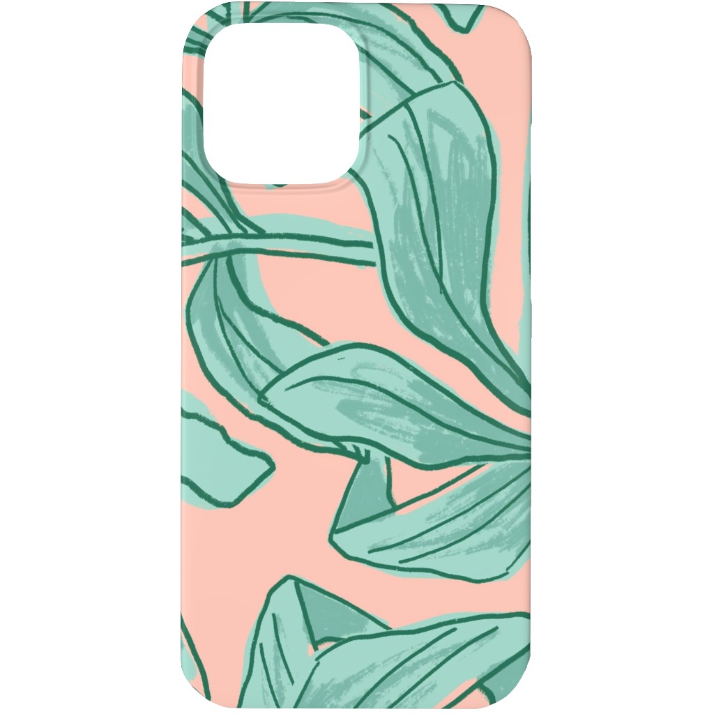 Lush Tropical Leaves - Pink and Mint Phone Case, Slim Case, Matte, iPhone 13 Pro, Green