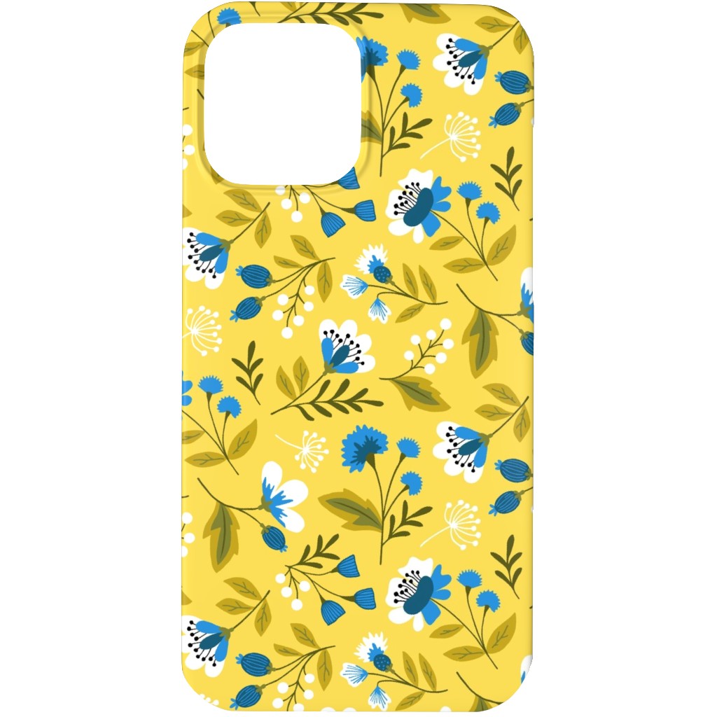 Colorful Spring Flowers - Blue on Yellow Phone Case, Slim Case, Matte, iPhone 13 Pro, Yellow, Classic Yellow