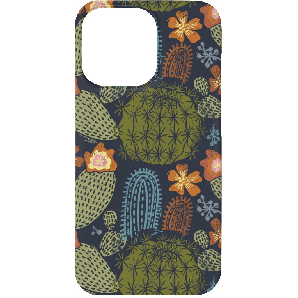 Cactus Garden - Block Print Style - Dark Phone Case, Silicone Liner Case, Matte, iPhone 13, Green