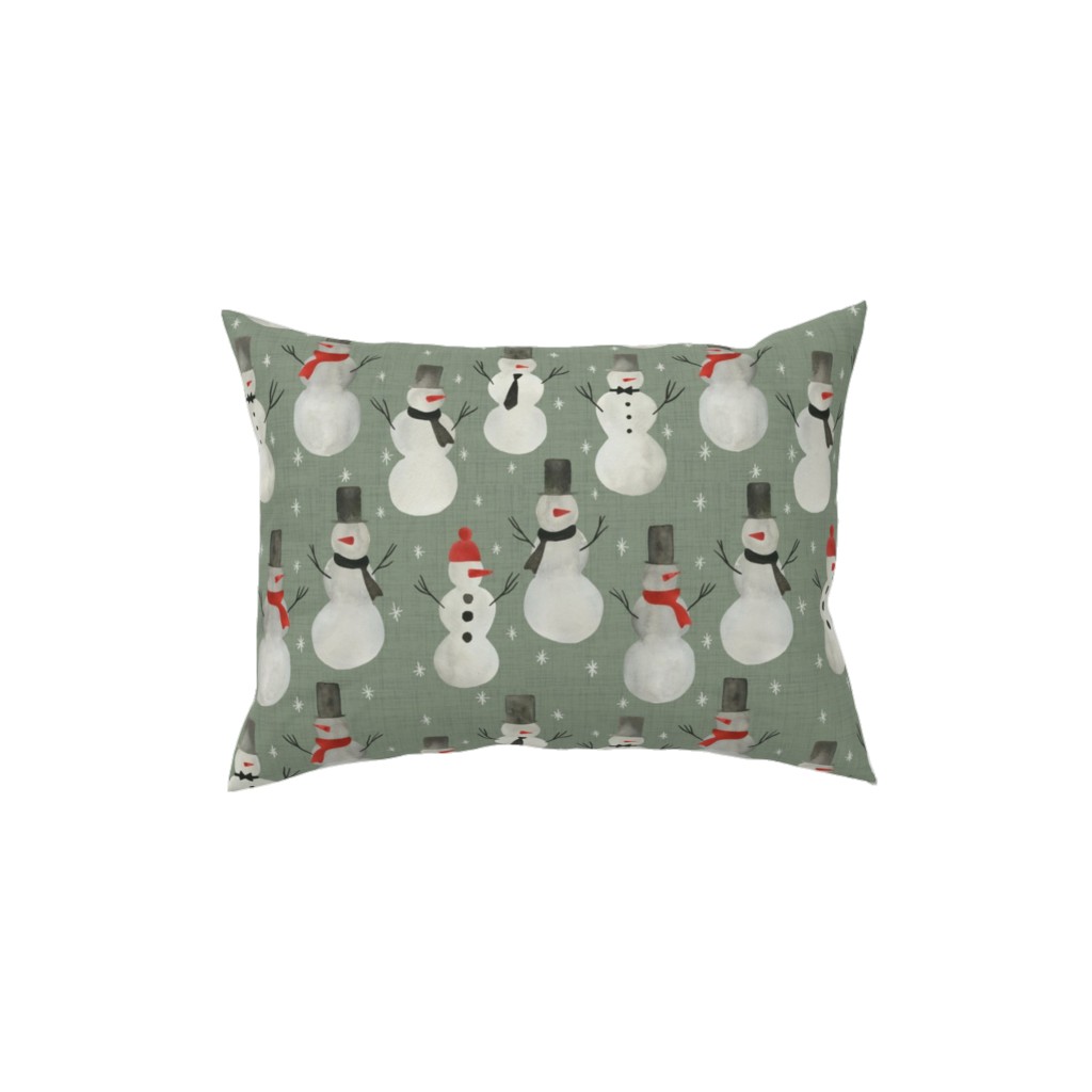 Watercolor Snowmen on Sage Pillow, Woven, White, 12x16, Double Sided, Green