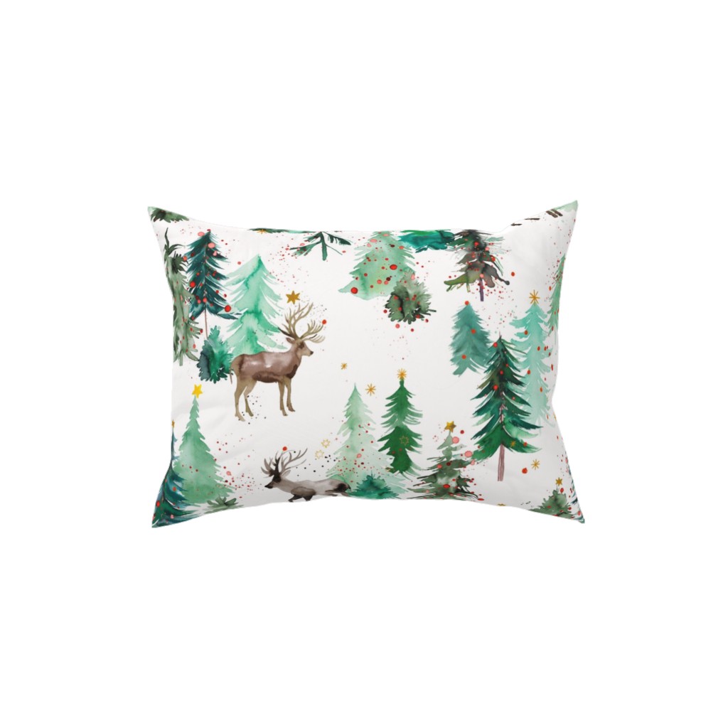 Rudolph Deer & Christmas Trees Pillow, Woven, White, 12x16, Double Sided, Green