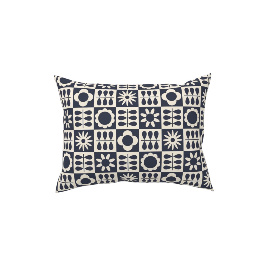 Scandinavian Checker Blooms - Off White and Navy Pillow, Woven, White, 12x16, Double Sided, Black