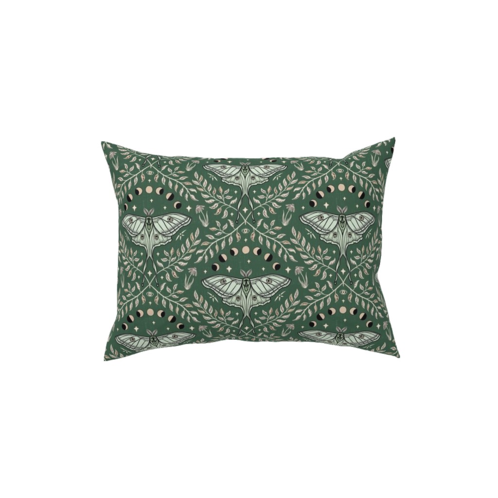 Luna Moths Damask With Moon Phases - Green Pillow, Woven, White, 12x16, Double Sided, Green