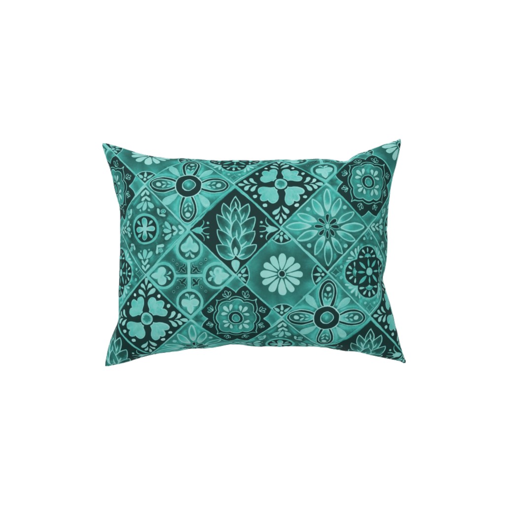 Watercolor Talavera Tiles Pillow, Woven, White, 12x16, Double Sided, Green