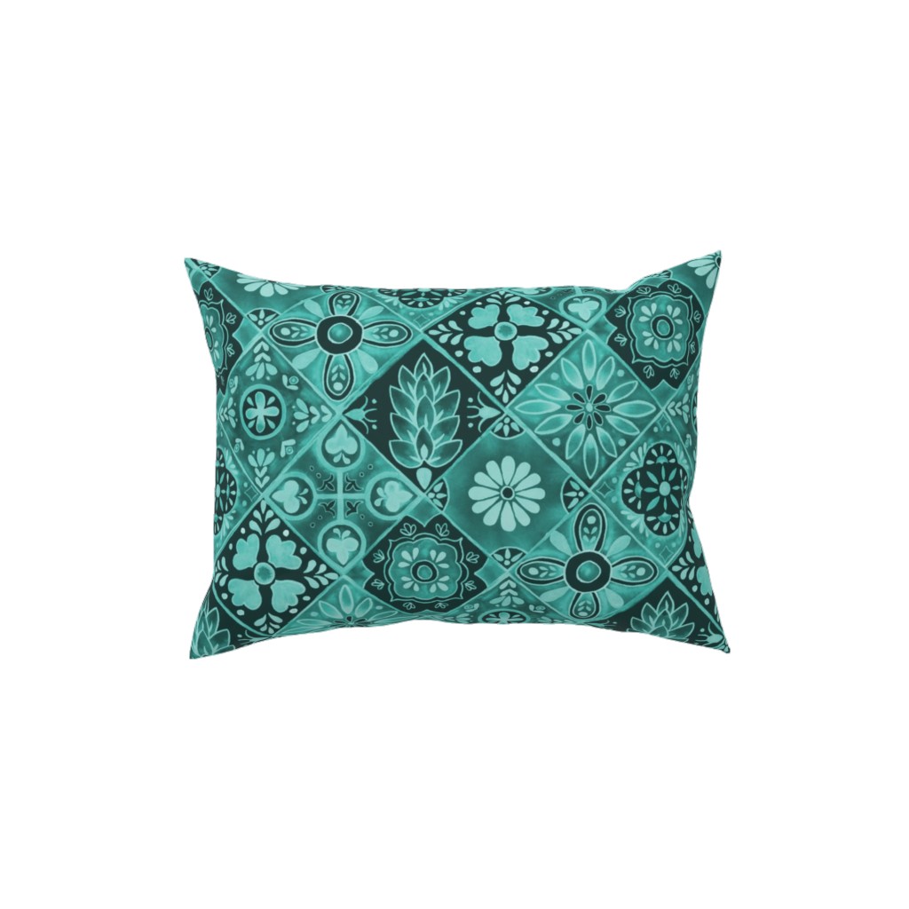 Watercolor Talavera Tiles Pillow, Woven, White, 12x16, Double Sided, Green, Classic Green