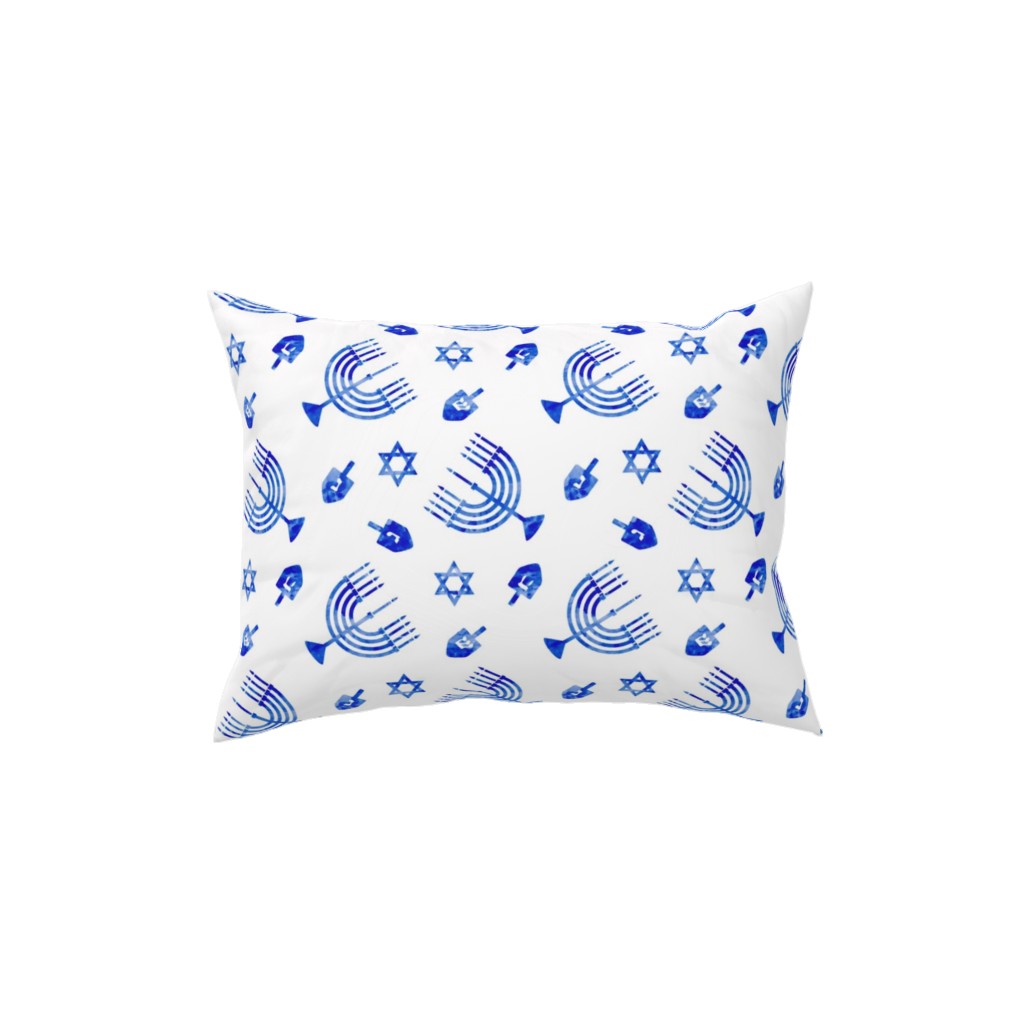 Watercolor Hanukkah Menorah, Dreidel, Star of David - Blue Pillow, Woven, White, 12x16, Double Sided, Blue
