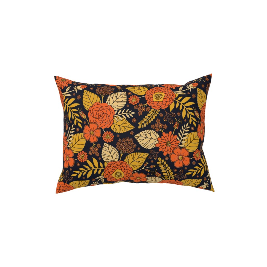 Retro Floral - Orange Brown and Yellow Pillow, Woven, White, 12x16, Double Sided, Orange, Orange