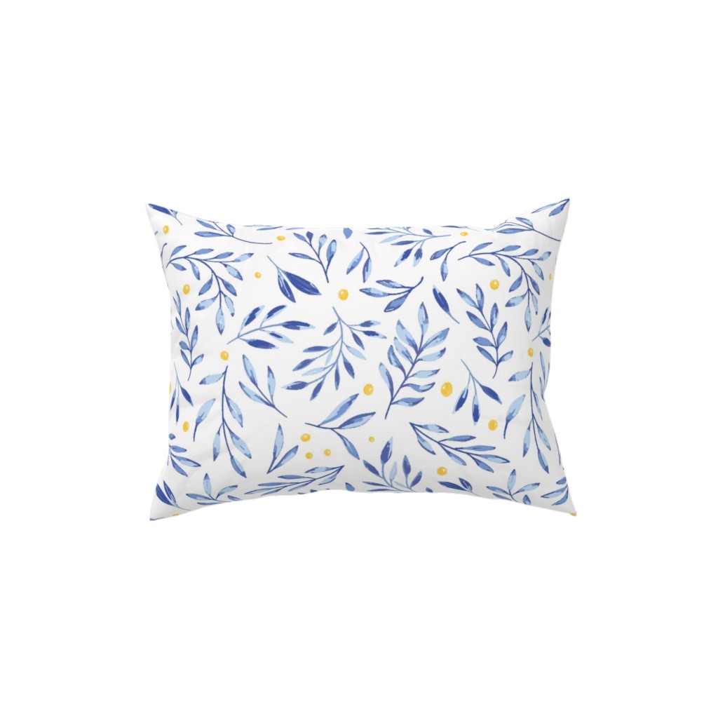 Blue Leaves With Berries Pillow, Woven, White, 12x16, Double Sided, Blue