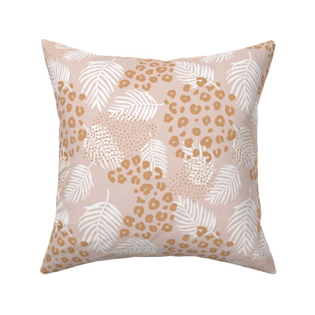 Palm Leaves and Animal Panther Spots - Beige Pillow, Woven, White, 16x16, Double Sided, Pink, Bright Pink