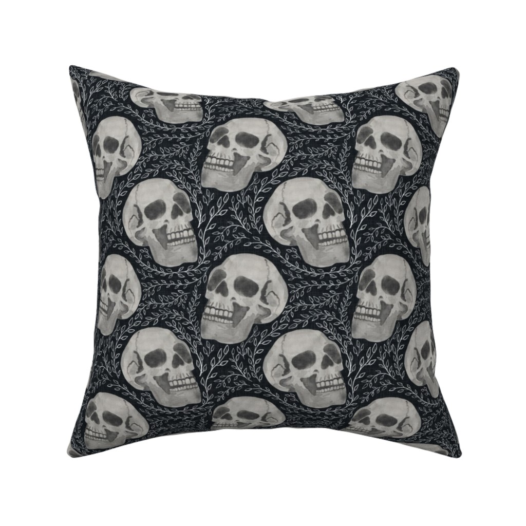 Watercolor Skulls With Flourish - Dark Pillow, Woven, White, 16x16, Double Sided, Gray