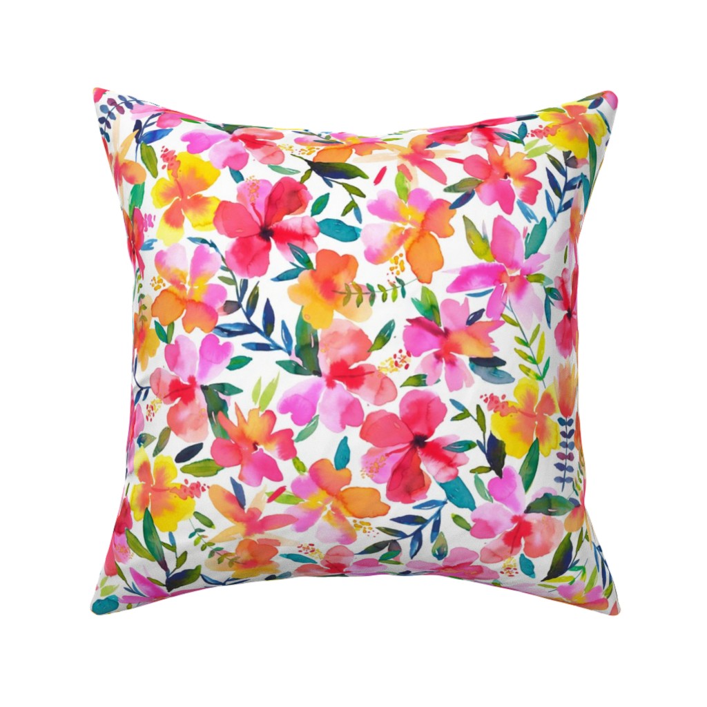 Hibiscus Floral - Multi Pillow, Woven, White, 16x16, Double Sided, Multicolor