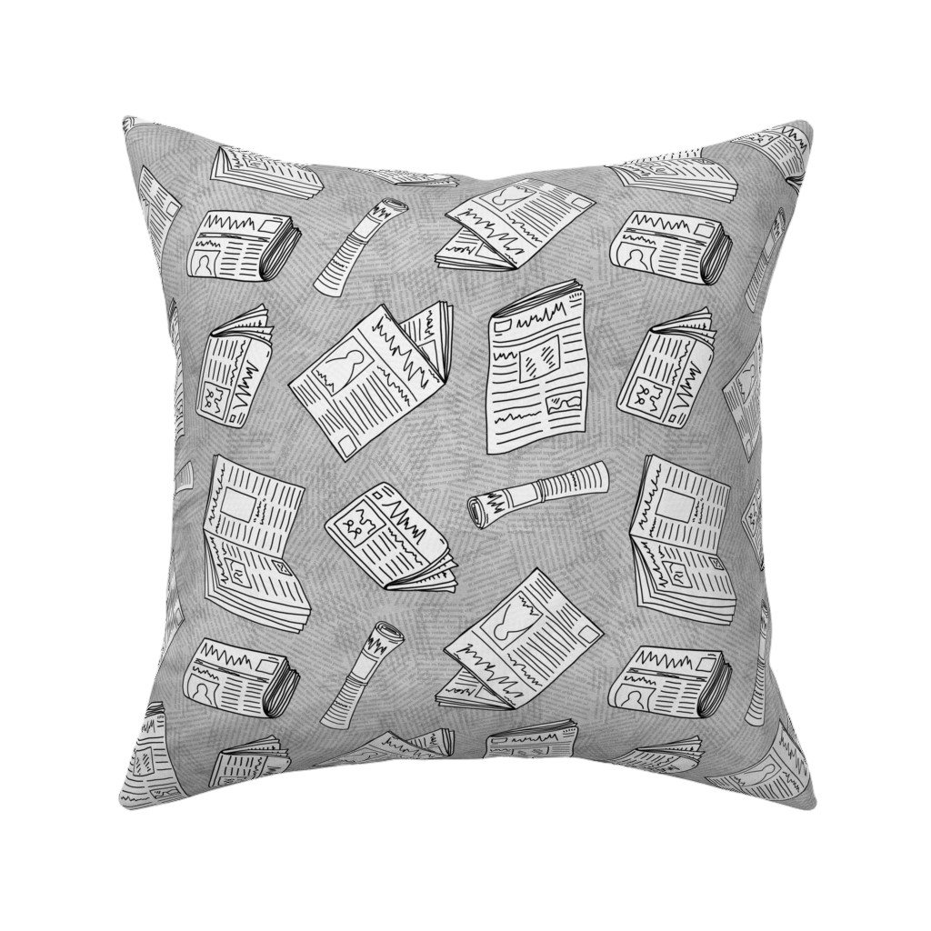 Newsprint Pillow, Woven, White, 16x16, Double Sided, Gray