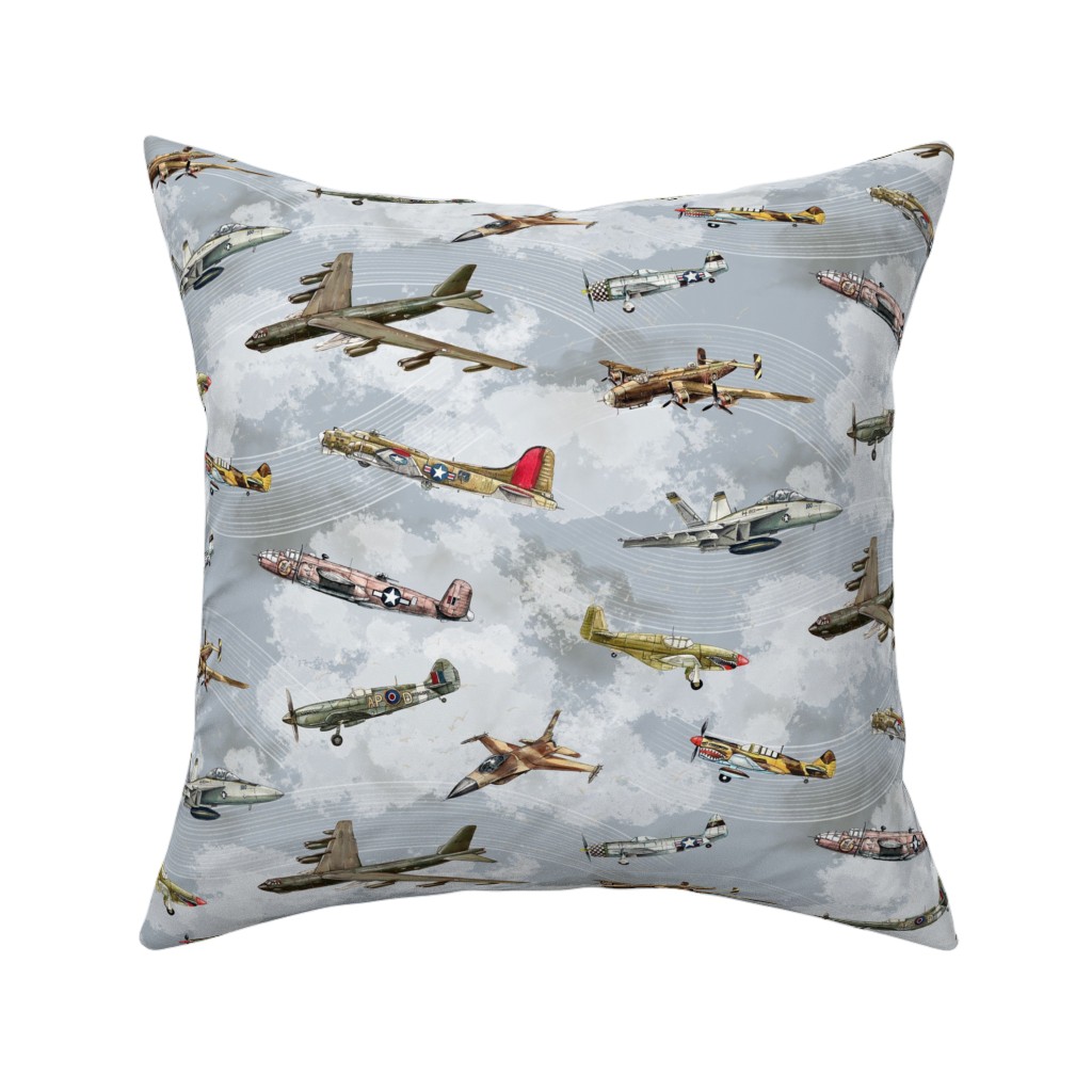 Military Planes Pillow, Woven, White, 16x16, Double Sided, Gray, Silver