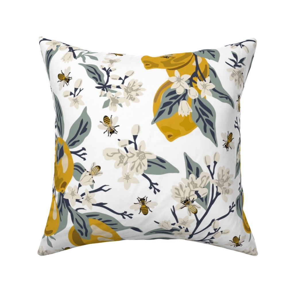 Bees & Lemons Pillow, Woven, White, 16x16, Double Sided, Yellow
