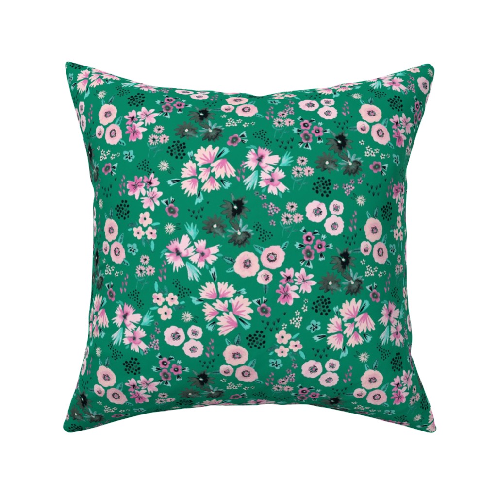 Artful Little Flowers - Green Pillow, Woven, White, 16x16, Double Sided, Green