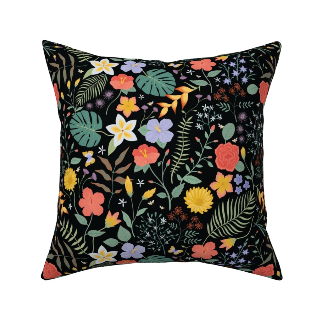 Hawaii Floral - Black Pillow, Woven, White, 16x16, Double Sided, Multicolor