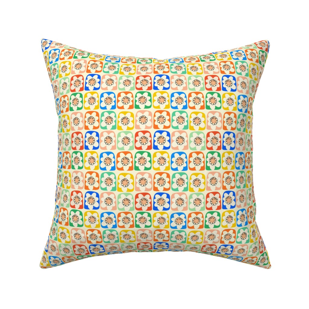 Abstract Retro Flower Doodle Squares - Multi Pillow, Woven, White, 16x16, Double Sided, Multicolor