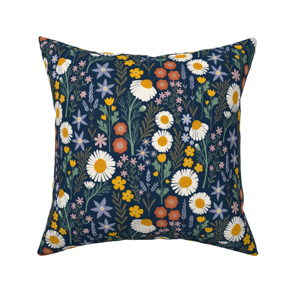 British Spring Meadow - Navy Pillow, Woven, White, 16x16, Double Sided, Multicolor