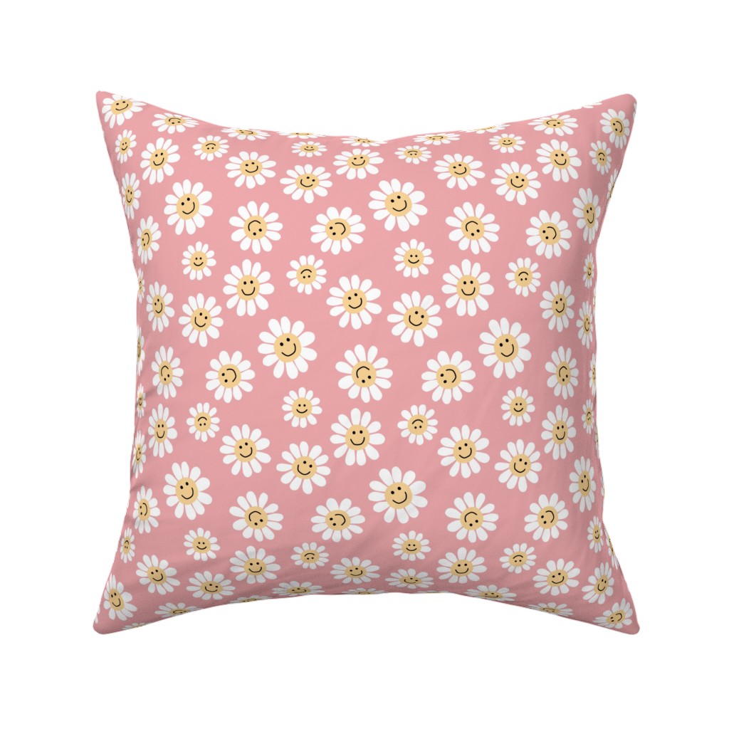 Smiley Daisy Flowers - Pink Pillow, Woven, White, 16x16, Double Sided, Pink, Bright Pink