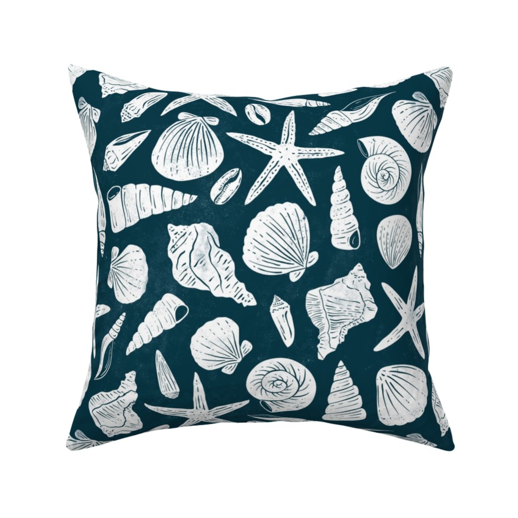 Textured Ocean Seashells - Dark Blue Pillow, Woven, White, 16x16, Double Sided, Blue