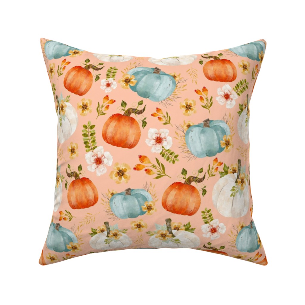 Rustic Farmhouse Pumpkins on Pale Peach Pillow, Woven, White, 16x16, Double Sided, Orange