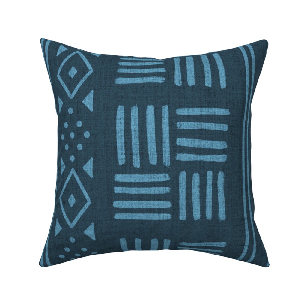 Mudcloth Geometric Motifs Pillow, Woven, White, 16x16, Double Sided, Blue