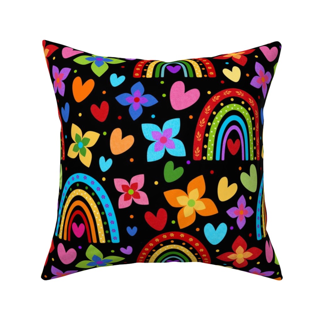 Colorful Rainbows, Flowers, Hearts - Black Pillow, Woven, White, 16x16, Double Sided, Multicolor