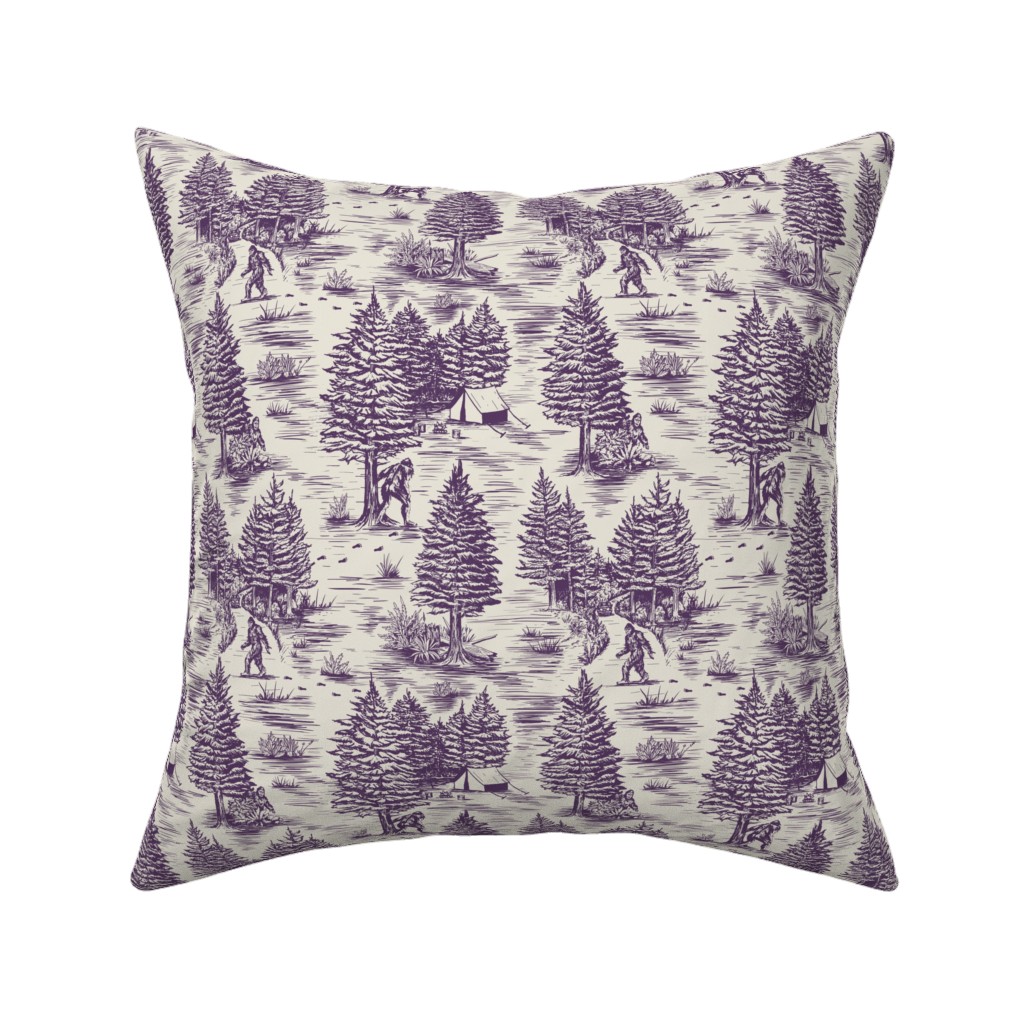 Bigfoot Sasquatch Toile De Jouy Pillow, Woven, White, 16x16, Double Sided, Purple, Crystal Ball