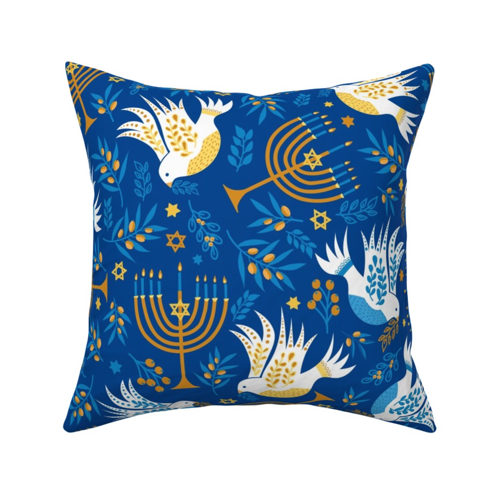 Hanukkah Birds Menorahs Pillow, Woven, White, 16x16, Double Sided, Blue