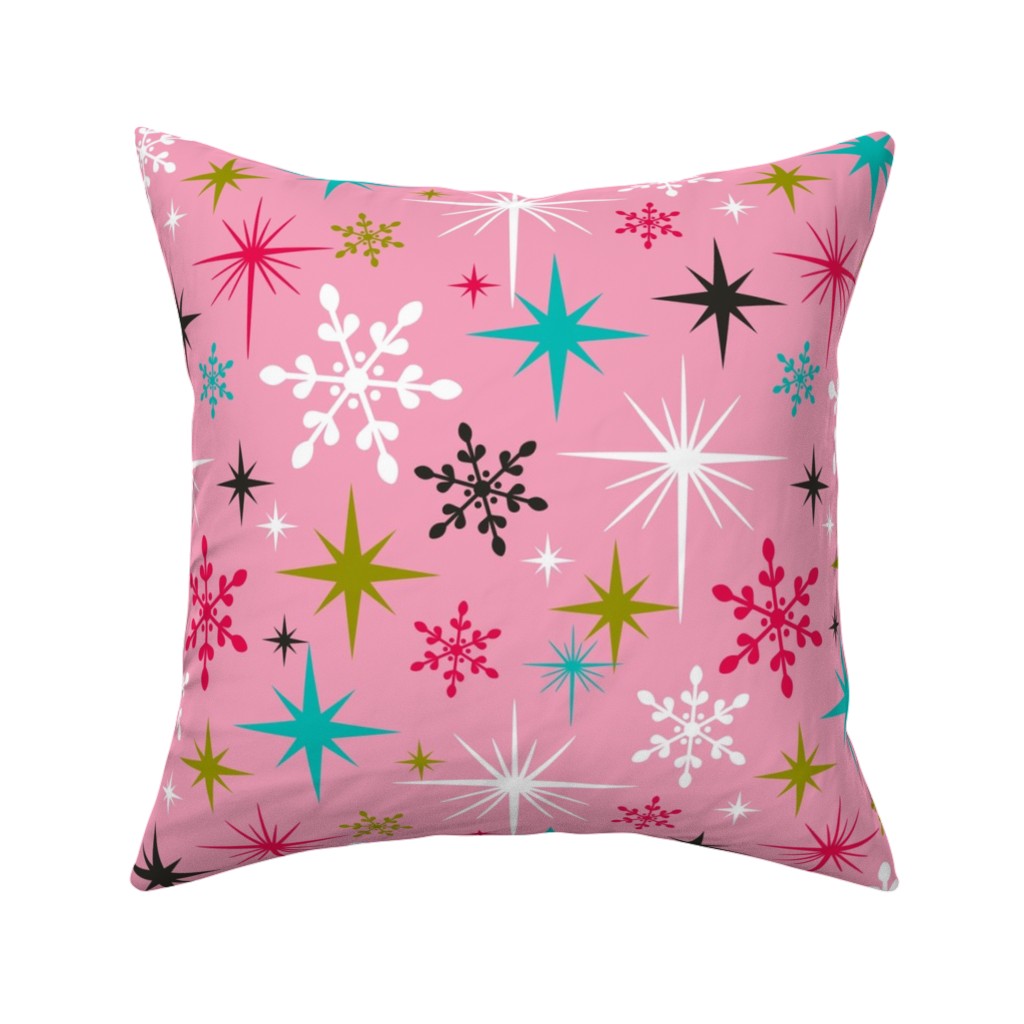 Stardust Retro Christmas Snowflakes and Stars - Pink Pillow, Woven, White, 16x16, Double Sided, Pink, Bright Pink