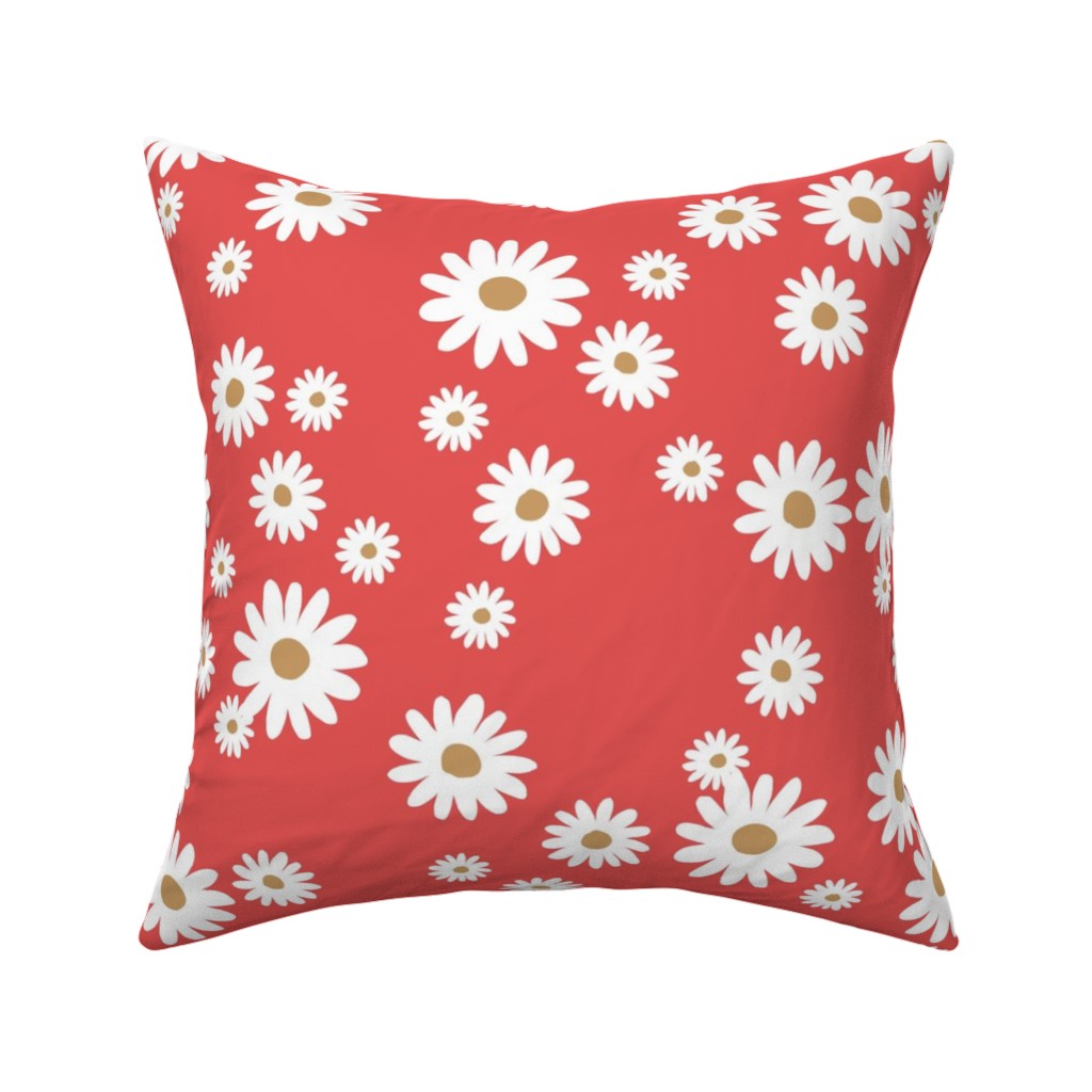 Vintage Daisies - White on Red Pillow, Woven, White, 16x16, Double Sided, Red