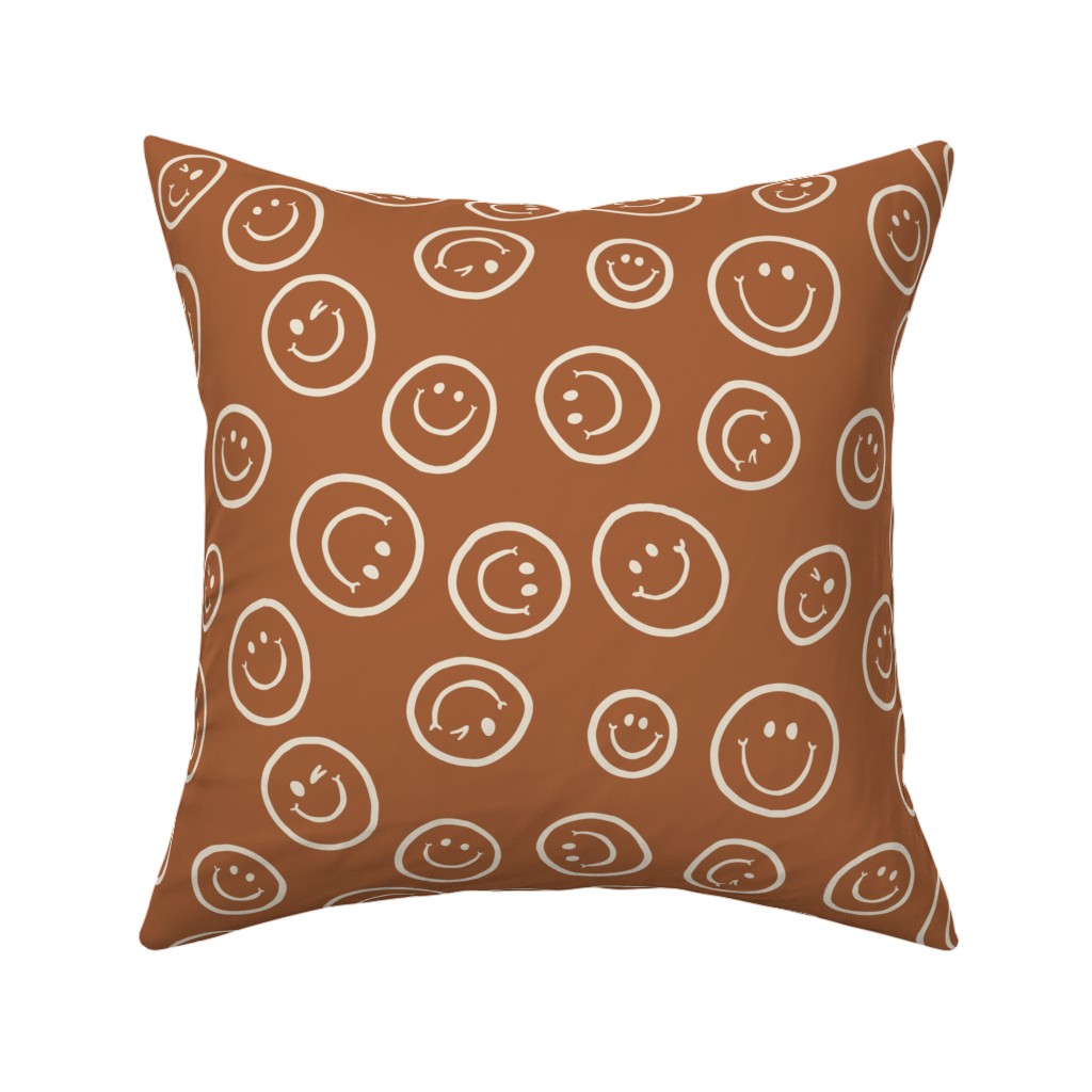Smiley Winking Faces Pillow, Woven, White, 16x16, Double Sided, Brown