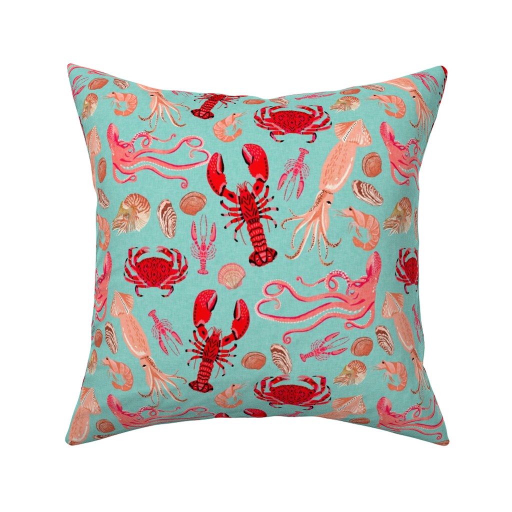 Ocean Creatures - Red on Green Pillow, Woven, White, 16x16, Double Sided, Red