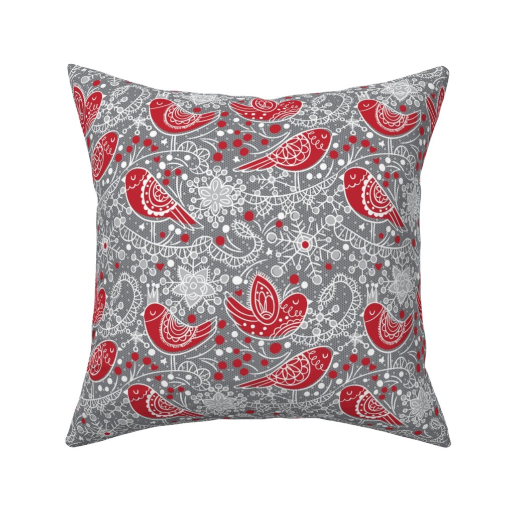 Winter Frost Lace - Gray and Red Pillow, Woven, White, 16x16, Double Sided, Red, Red