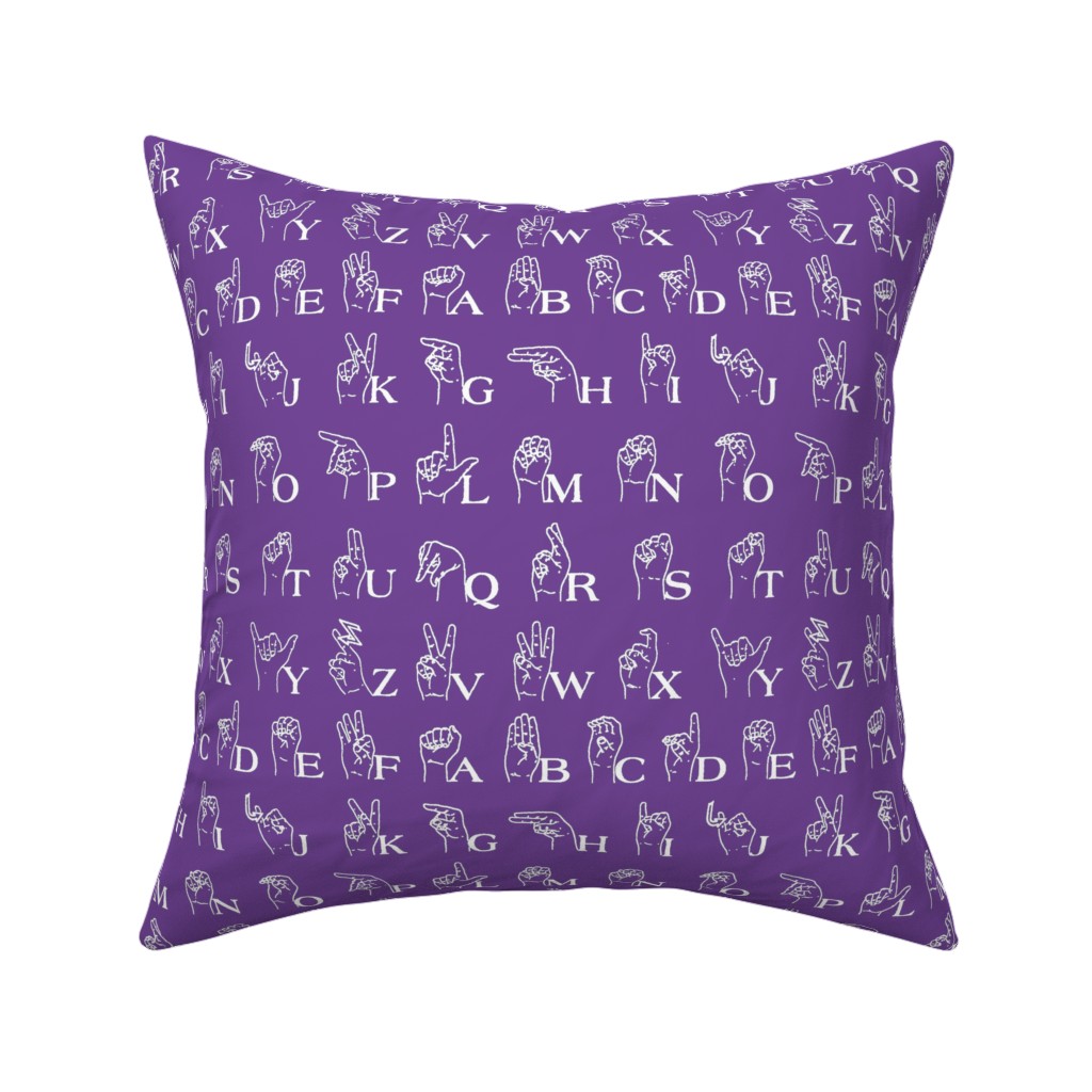 Sign Language Alphabet Pillow, Woven, White, 16x16, Double Sided, Purple, Aubergine