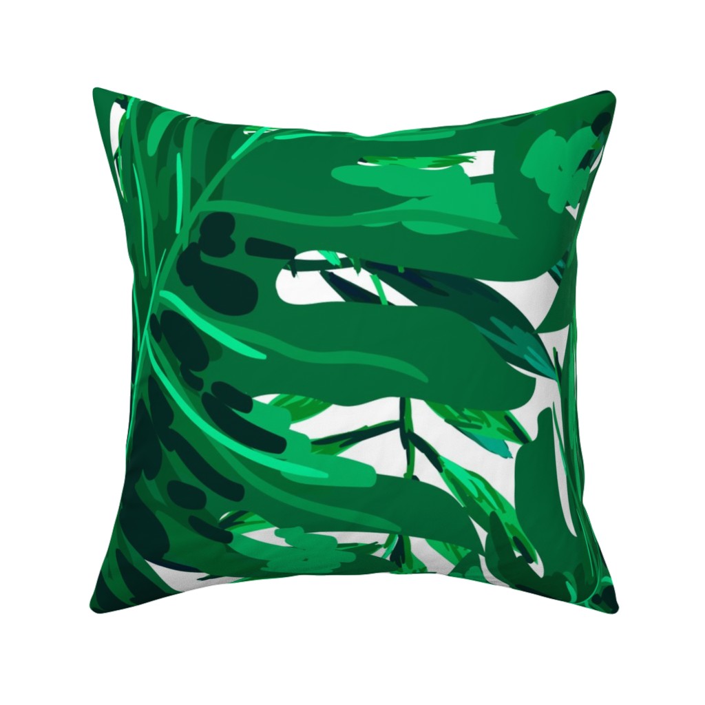 Tropical Leaves - Bright Green Pillow, Woven, White, 16x16, Double Sided, Green