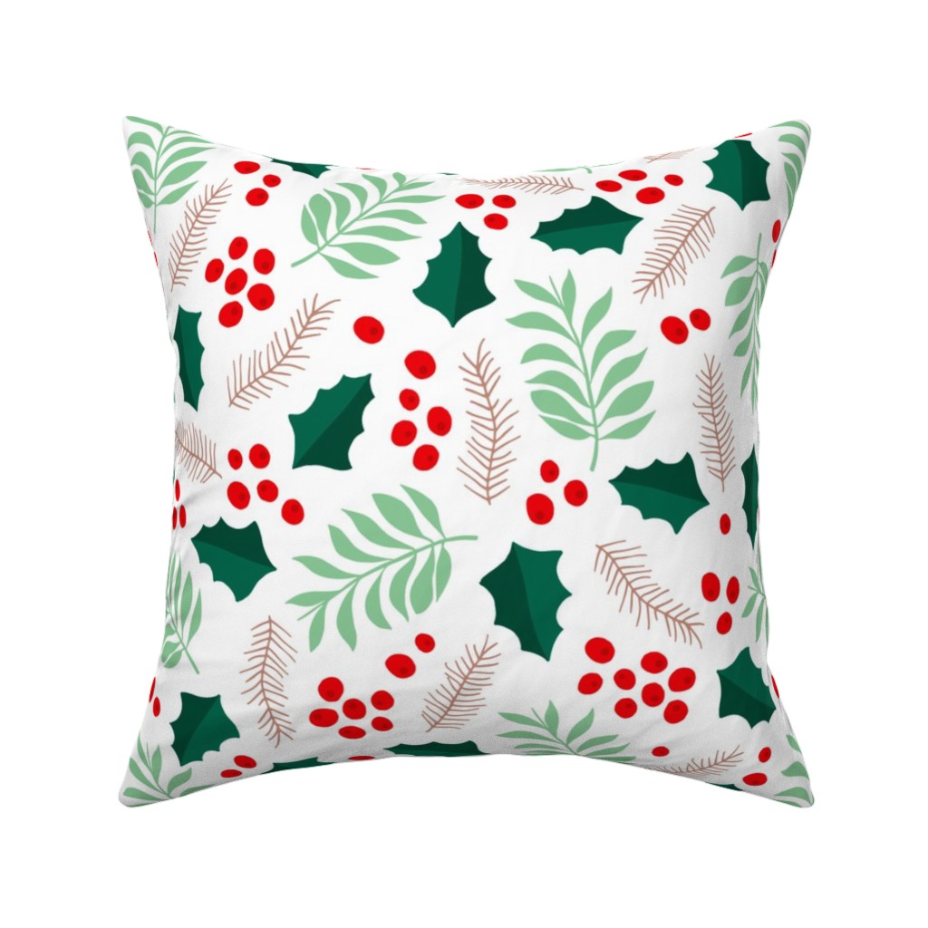 Botanical Christmas Garden Pine Leaves Holly Branch Berries - Green and Red Pillow, Woven, White, 16x16, Double Sided, Green