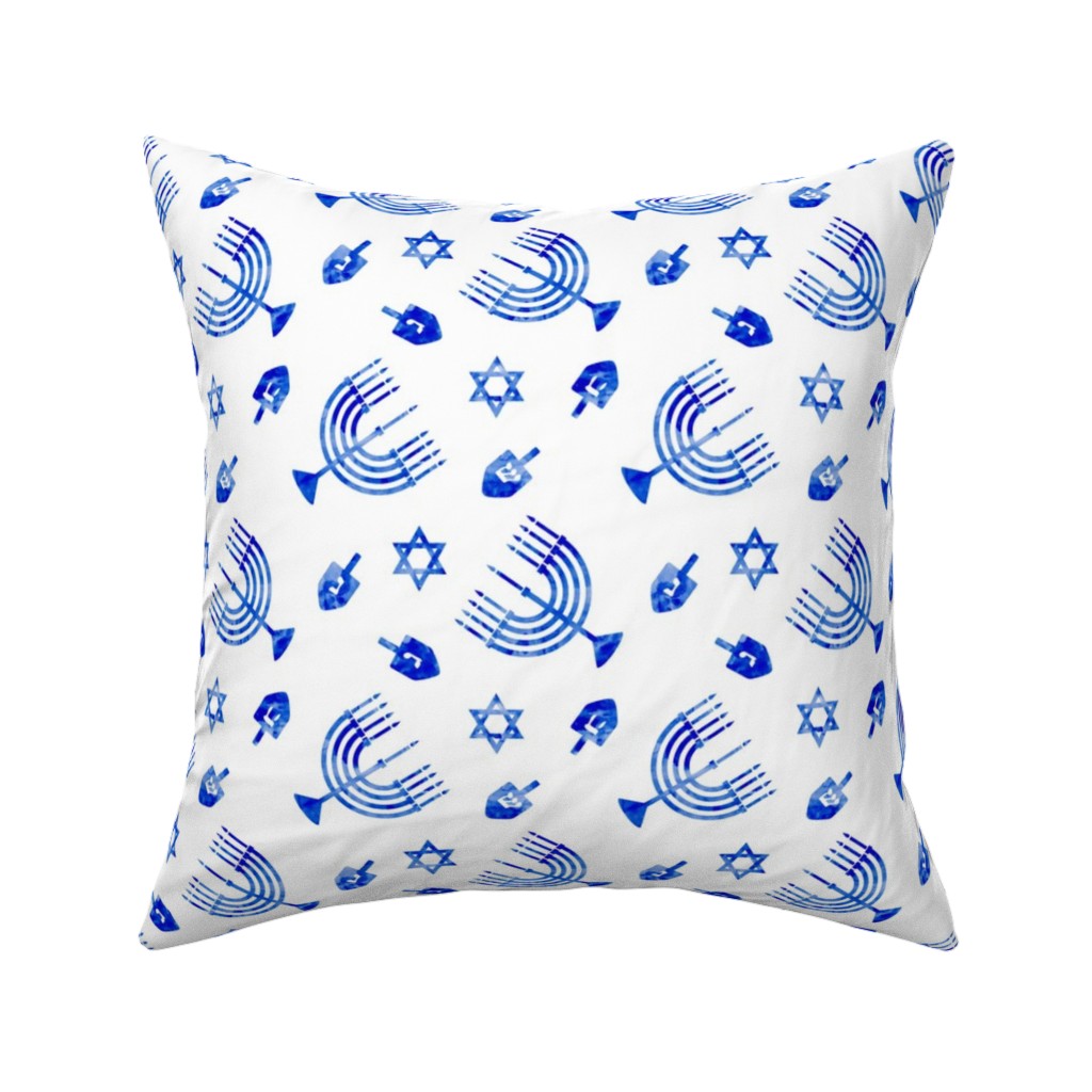Watercolor Hanukkah Menorah, Dreidel, Star of David - Blue Pillow, Woven, White, 16x16, Double Sided, Blue, True Blue