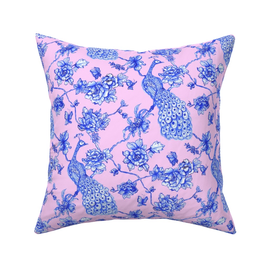 Chinoiserie Peacock Floral Pillow, Woven, White, 16x16, Double Sided, Pink, Bright Pink