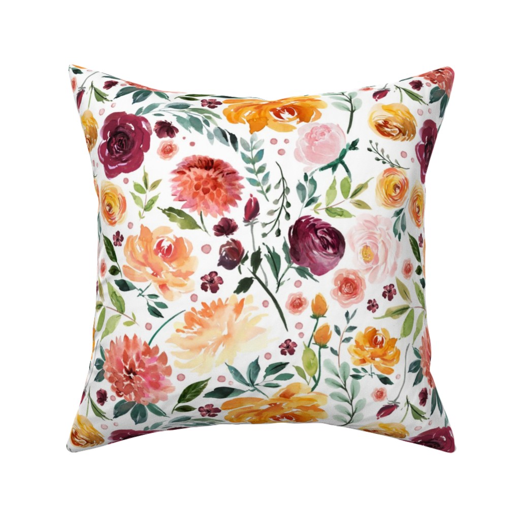 Orange Burgandy Floral Pillow, Woven, White, 16x16, Double Sided, Multicolor
