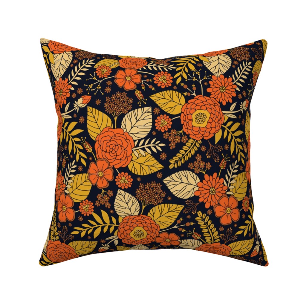 Retro Floral - Orange Brown and Yellow Pillow, Woven, White, 16x16, Double Sided, Orange, Orange