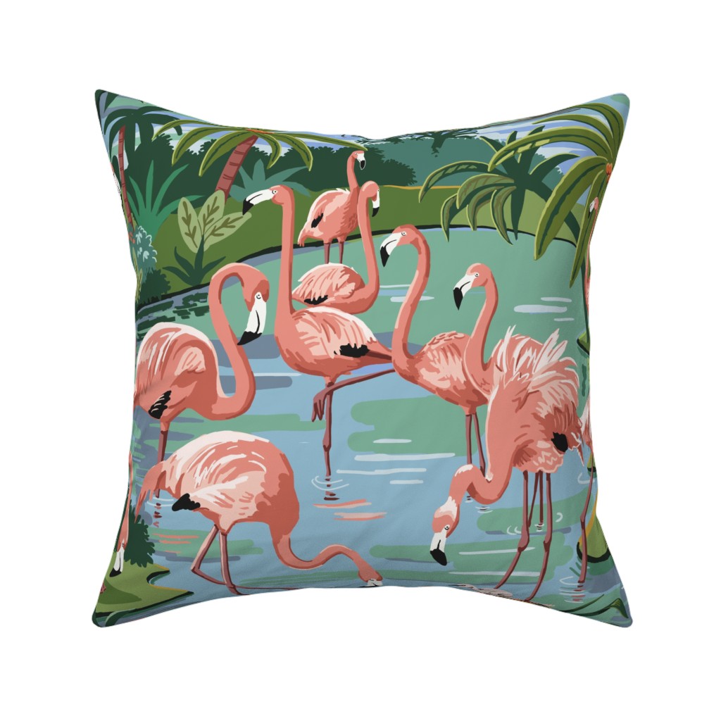Flamingo Lagoon - Multicolor Pillow, Woven, White, 16x16, Double Sided, Multicolor