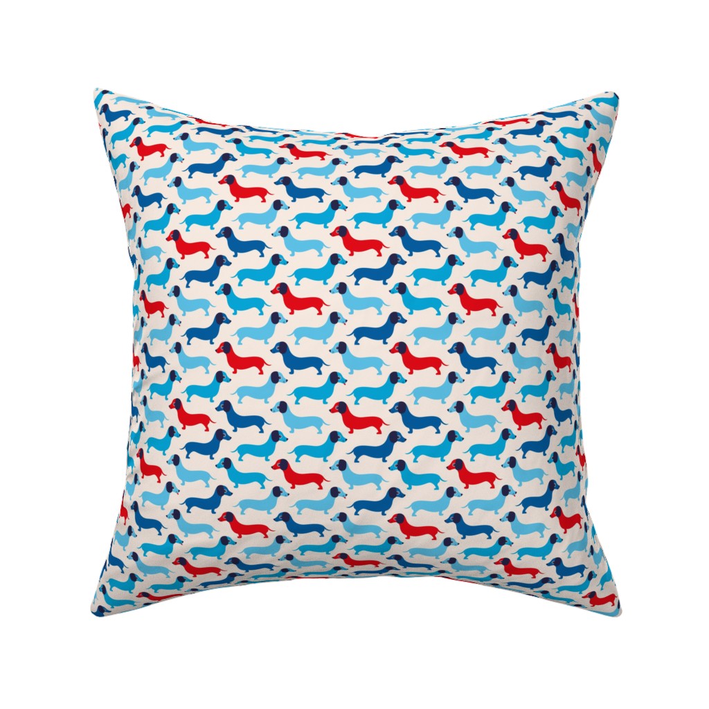 Retro Dachshund Dogs Pillow, Woven, White, 16x16, Double Sided, Blue, California Sea